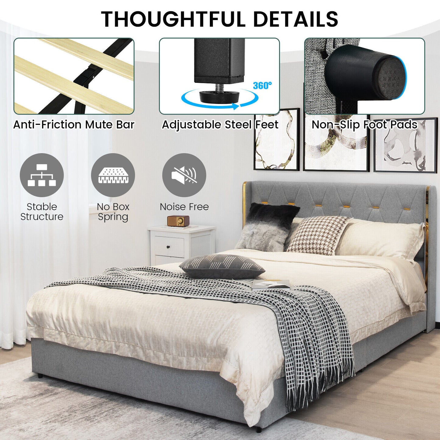 Upholstered Full/Queen Platform Bed Frame with High Adjustable Headboard and 4 Storage Drawers