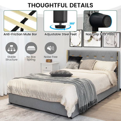 Upholstered Full/Queen Platform Bed Frame with High Adjustable Headboard and 4 Storage Drawers