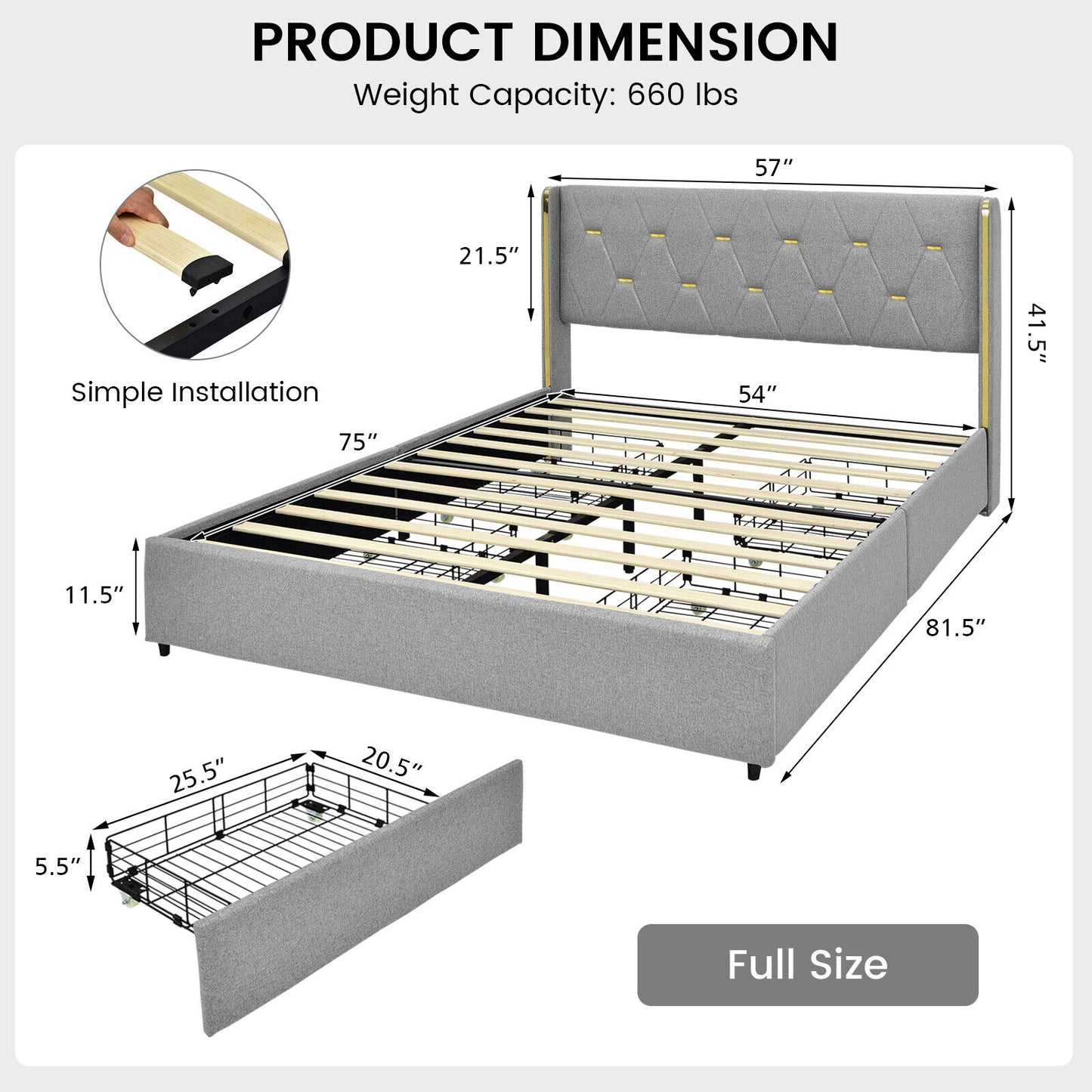 Upholstered Full/Queen Platform Bed Frame with High Adjustable Headboard and 4 Storage Drawers