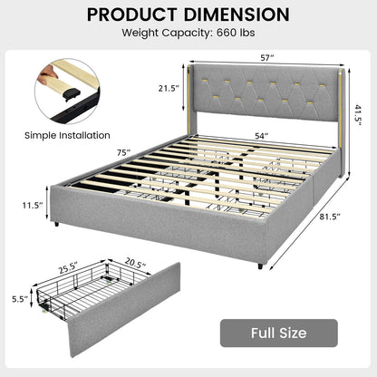Upholstered Full/Queen Platform Bed Frame with High Adjustable Headboard and 4 Storage Drawers