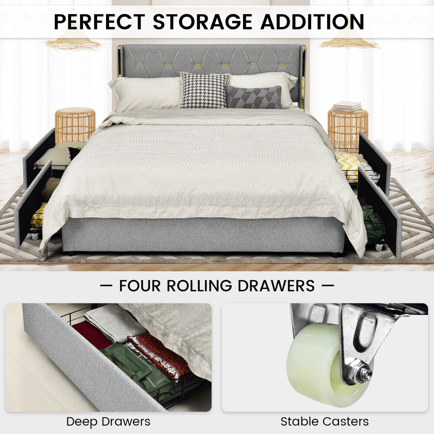 Upholstered Full/Queen Platform Bed Frame with High Adjustable Headboard and 4 Storage Drawers