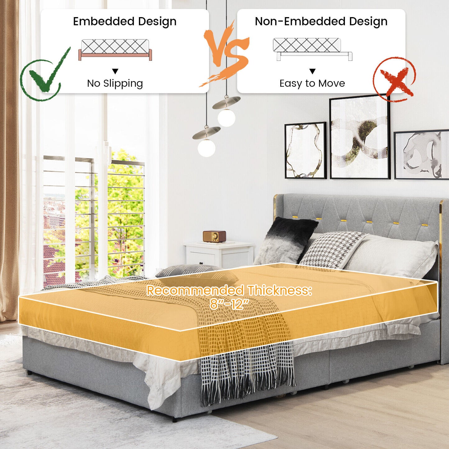 Upholstered Full/Queen Platform Bed Frame with High Adjustable Headboard and 4 Storage Drawers