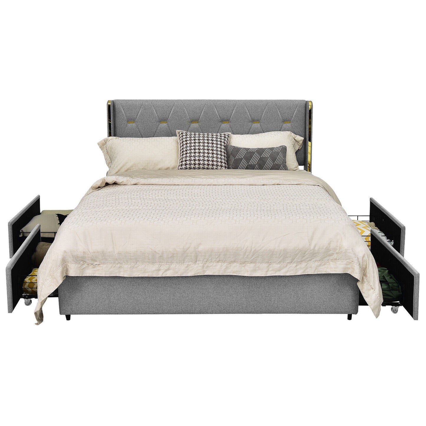 Upholstered Full/Queen Platform Bed Frame with High Adjustable Headboard and 4 Storage Drawers