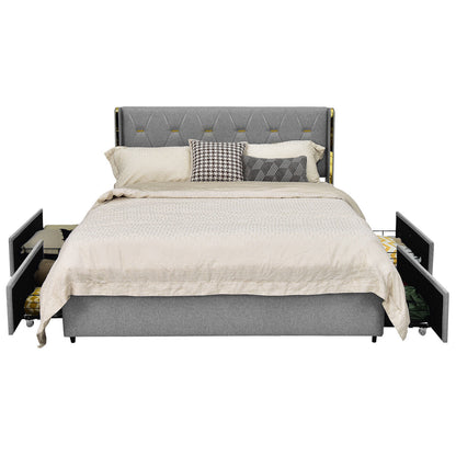 Upholstered Full/Queen Platform Bed Frame with High Adjustable Headboard and 4 Storage Drawers