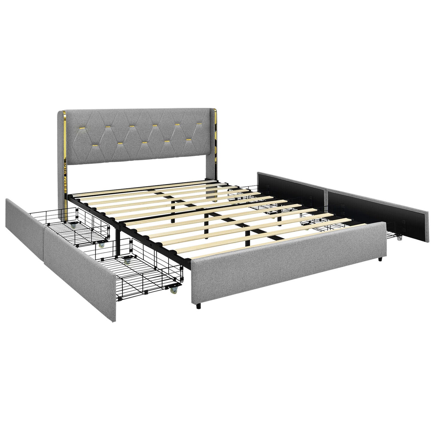 Upholstered Full/Queen Platform Bed Frame with High Adjustable Headboard and 4 Storage Drawers