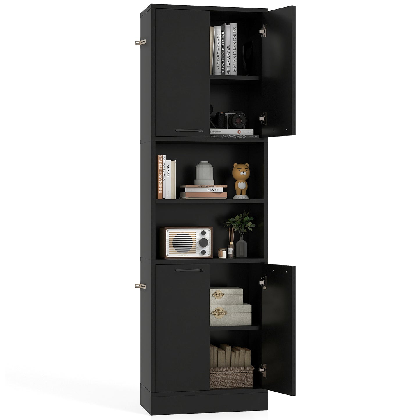 75 Inch Tall Kitchen Pantry Cabinet with Doors and Open Shelves - Black