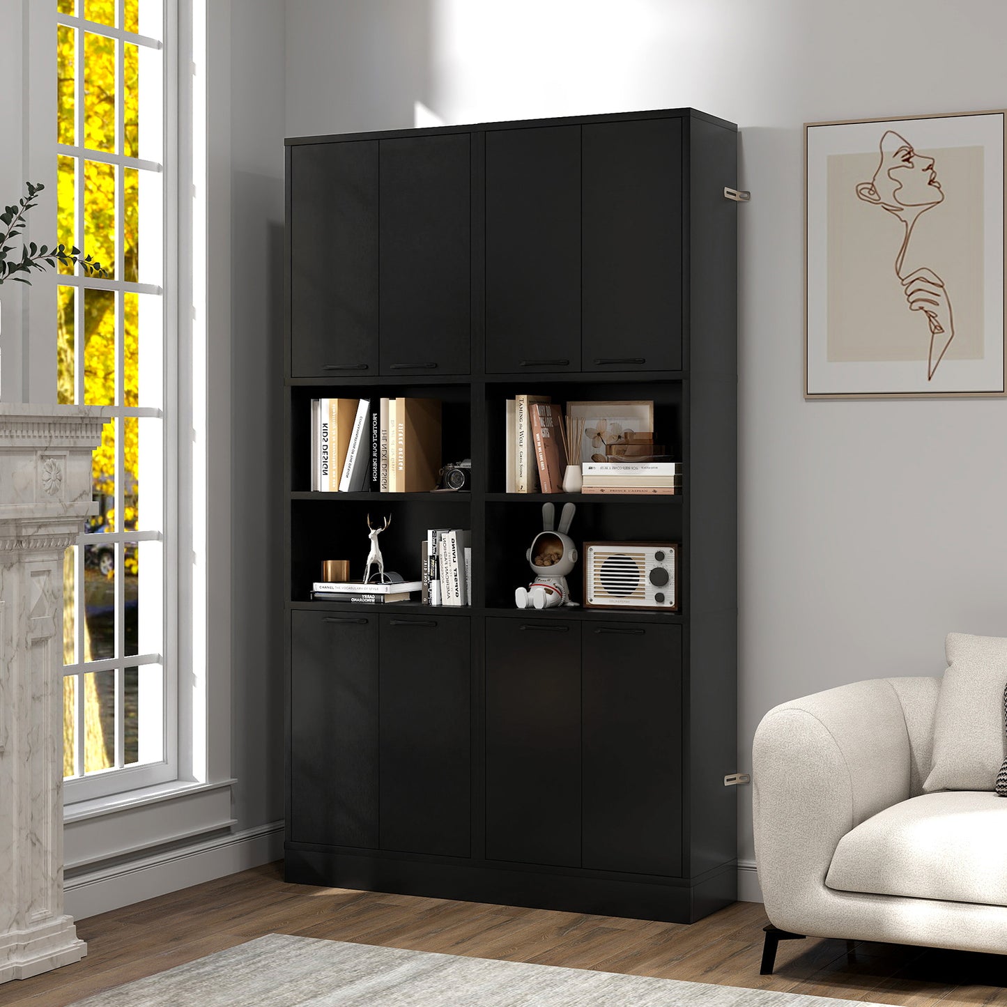 75 Inch Tall Kitchen Pantry Cabinet with Doors and Open Shelves - Black