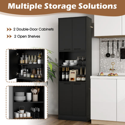 75 Inch Tall Kitchen Pantry Cabinet with Doors and Open Shelves - Black