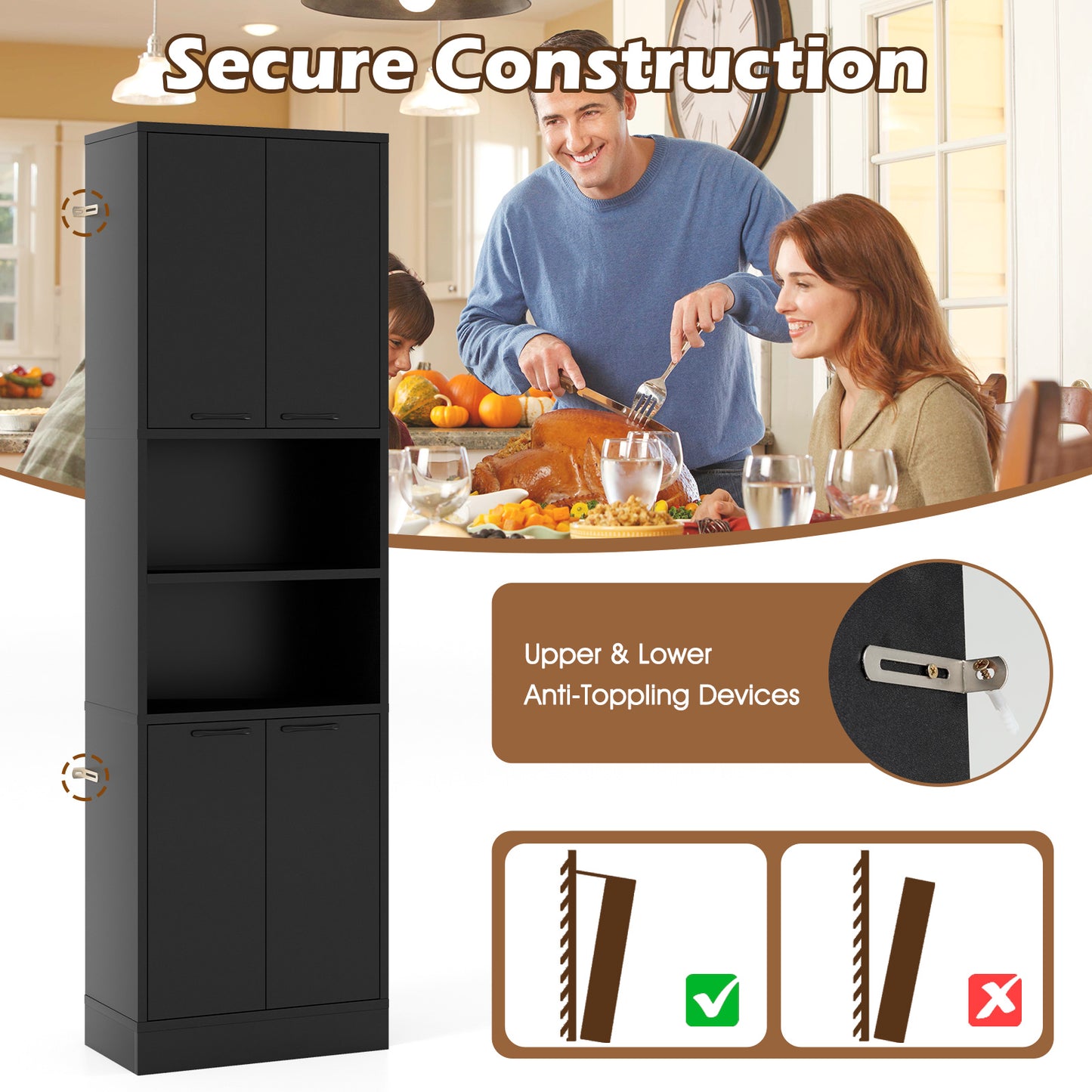75 Inch Tall Kitchen Pantry Cabinet with Doors and Open Shelves - Black