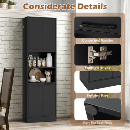 75 Inch Tall Kitchen Pantry Cabinet with Doors and Open Shelves - Black