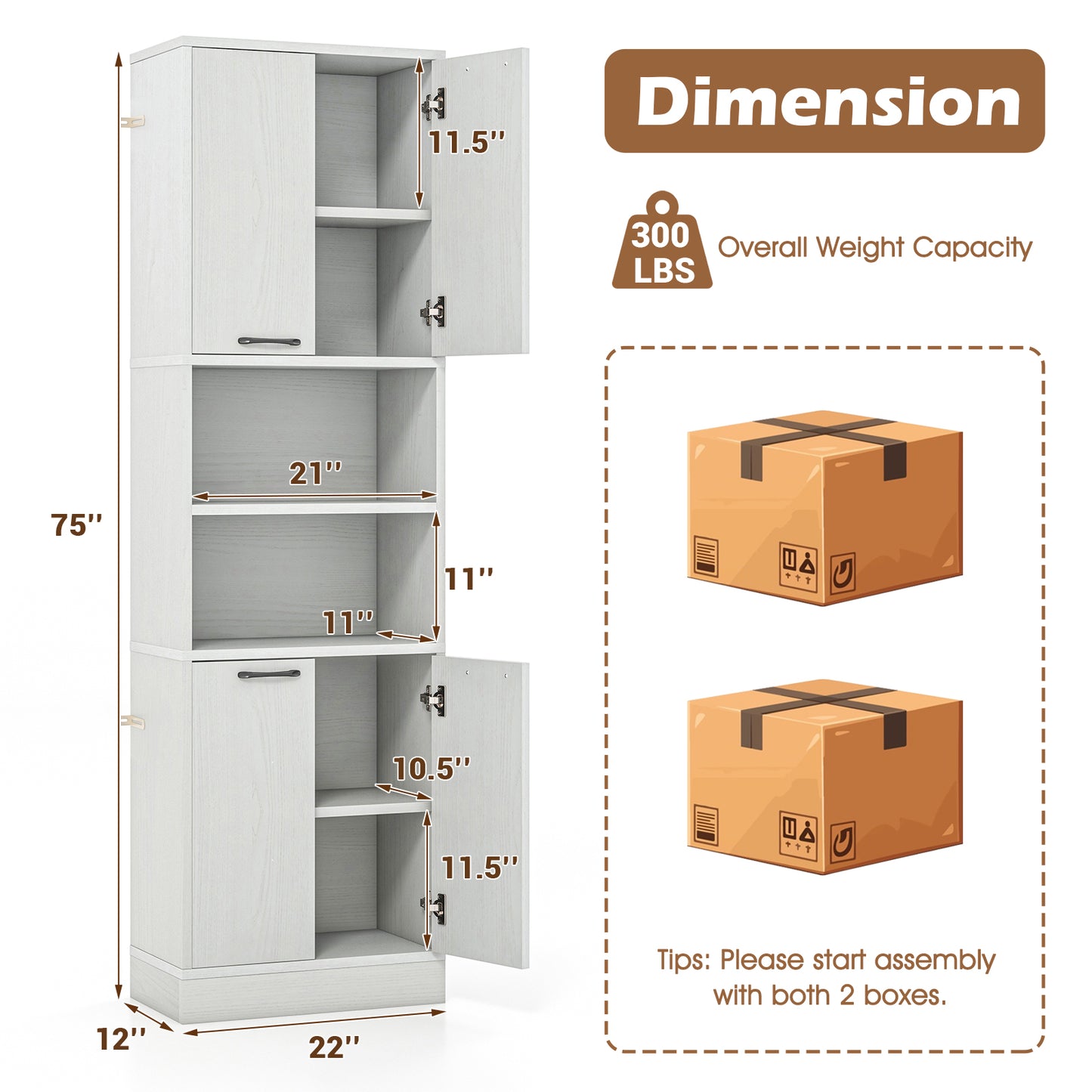 75 Inch Tall Kitchen Pantry Cabinet with Doors and Open Shelves - White Oak