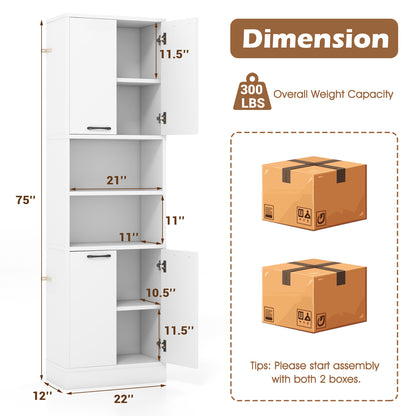 75 Inch Tall Kitchen Pantry Cabinet with Doors and Open Shelves - White