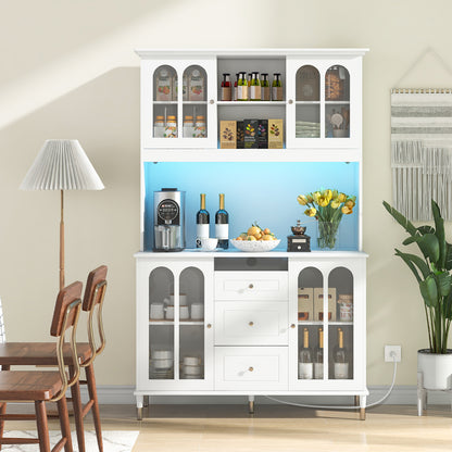 Kitchen Buffet Hutch with RGB LED Lights Built-in Power Station and Storage 73 Inch