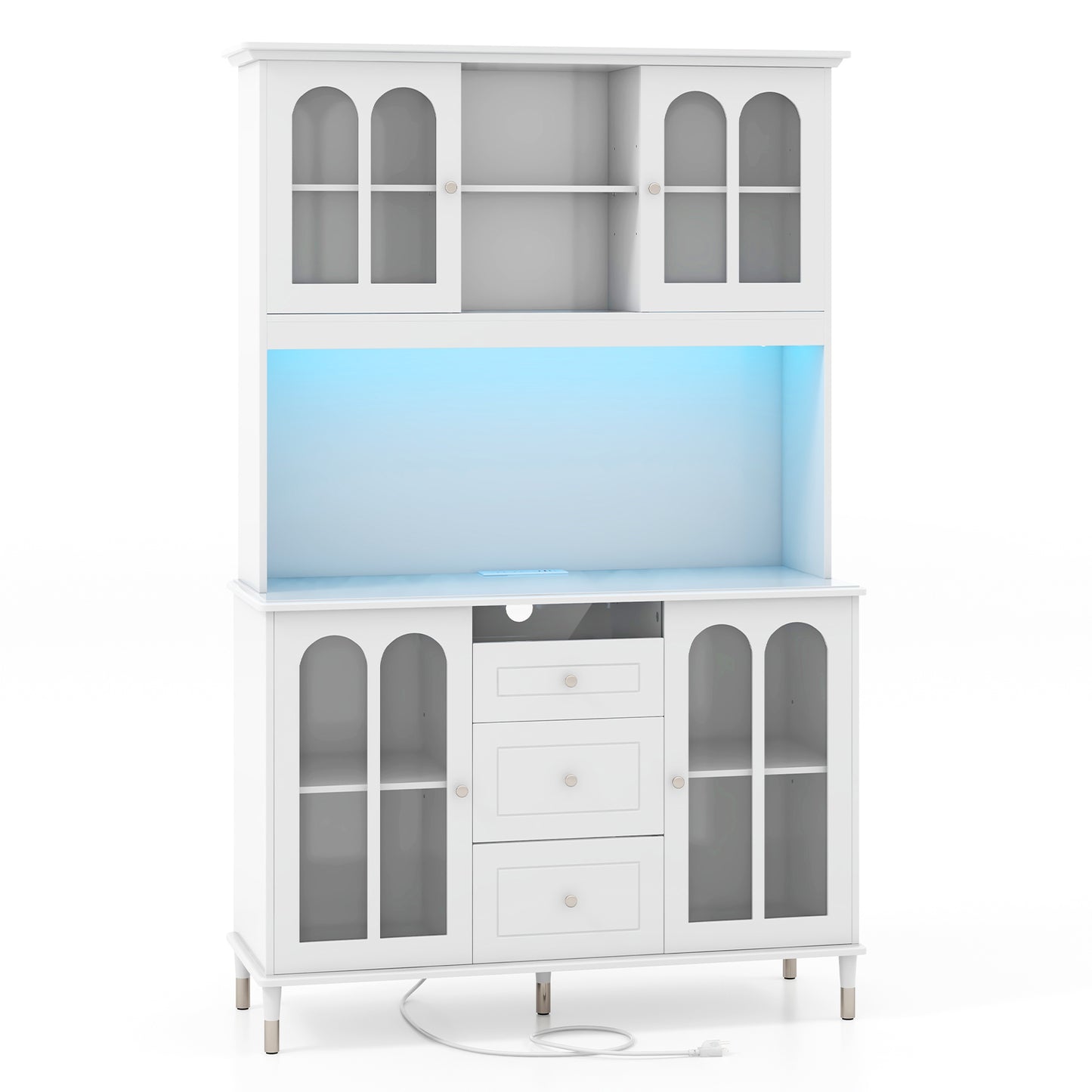 Kitchen Buffet Hutch with RGB LED Lights Built-in Power Station and Storage 73 Inch