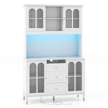Kitchen Buffet Hutch with RGB LED Lights Built-in Power Station and Storage 73 Inch