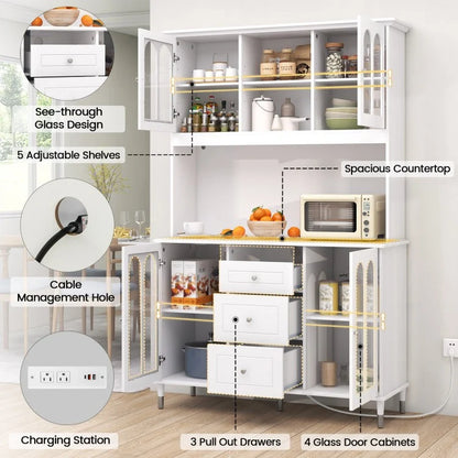 Kitchen Buffet Hutch with RGB LED Lights Built-in Power Station and Storage 73 Inch