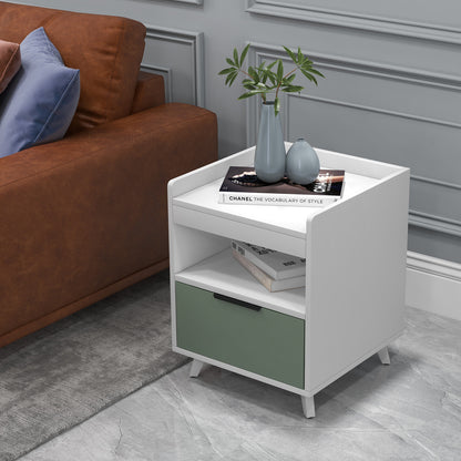 Modern LED Nightstand with Drawer, Open Shelf, Remote Control Lighting, and Cable Management