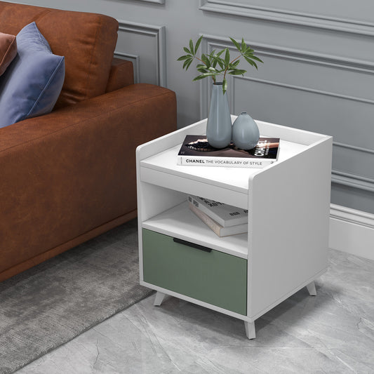 Modern LED Nightstand with Drawer, Open Shelf, Remote Control Lighting, and Cable Management
