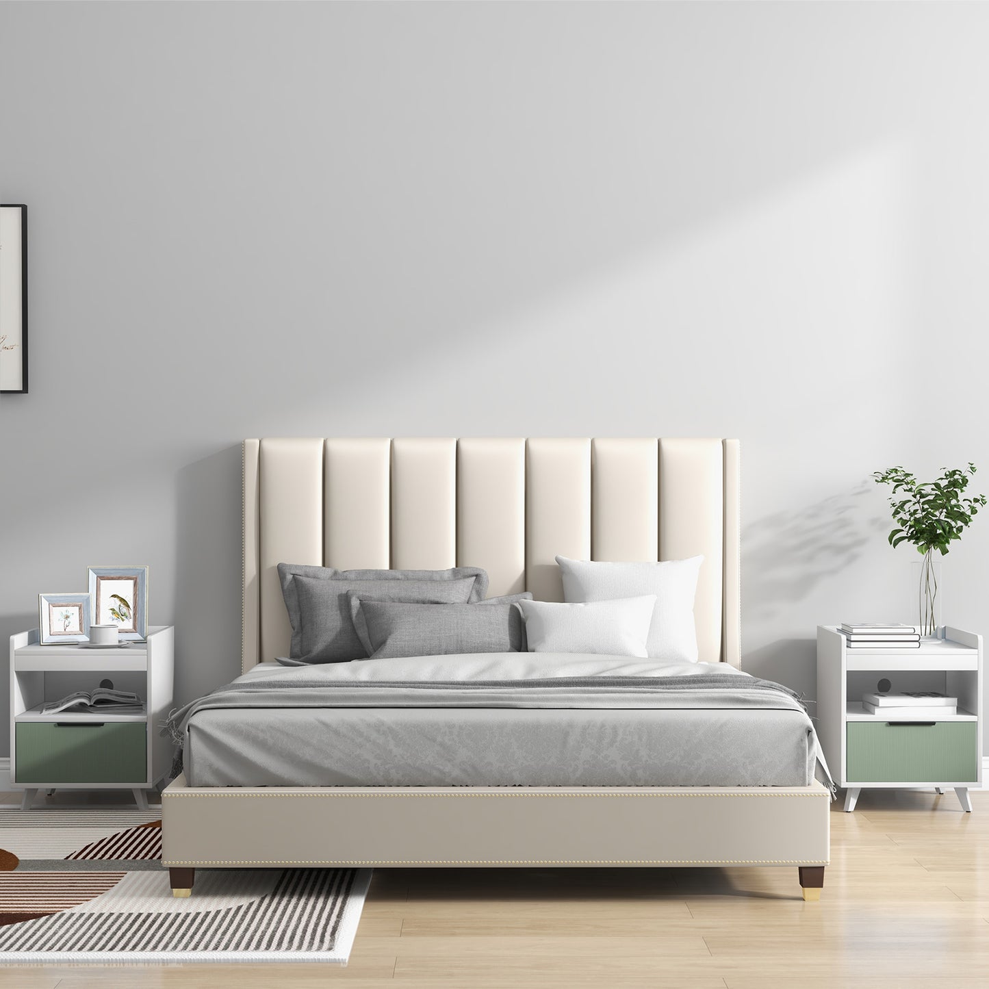 Modern LED Nightstand with Drawer, Open Shelf, Remote Control Lighting, and Cable Management
