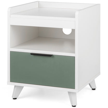 Modern LED Nightstand with Drawer, Open Shelf, Remote Control Lighting, and Cable Management