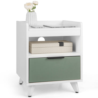 Modern LED Nightstand with Drawer, Open Shelf, Remote Control Lighting, and Cable Management