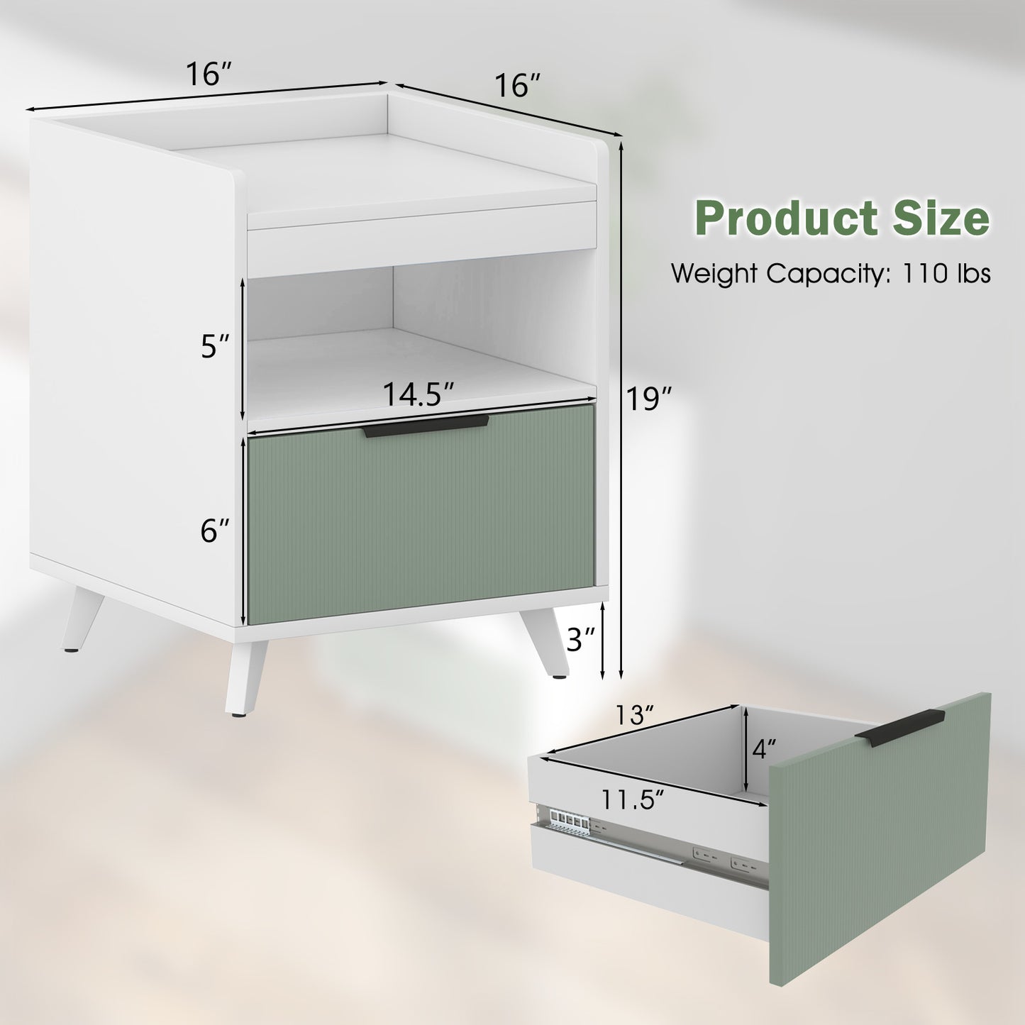 Modern LED Nightstand with Drawer, Open Shelf, Remote Control Lighting, and Cable Management
