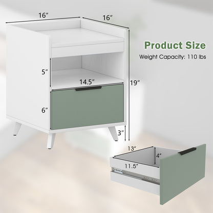 Modern LED Nightstand with Drawer, Open Shelf, Remote Control Lighting, and Cable Management