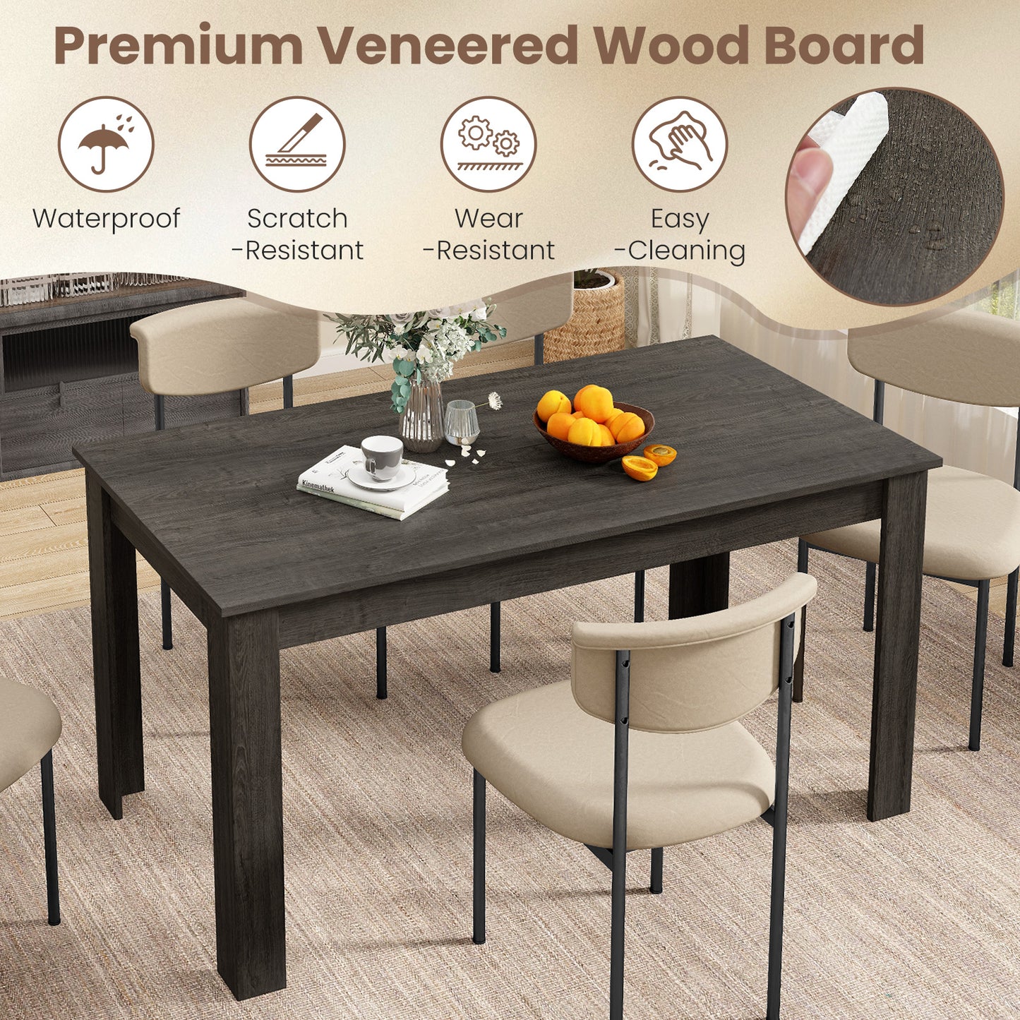Modern 63 Inch Rectangular Dining Table with Grey Engineered Wood Top