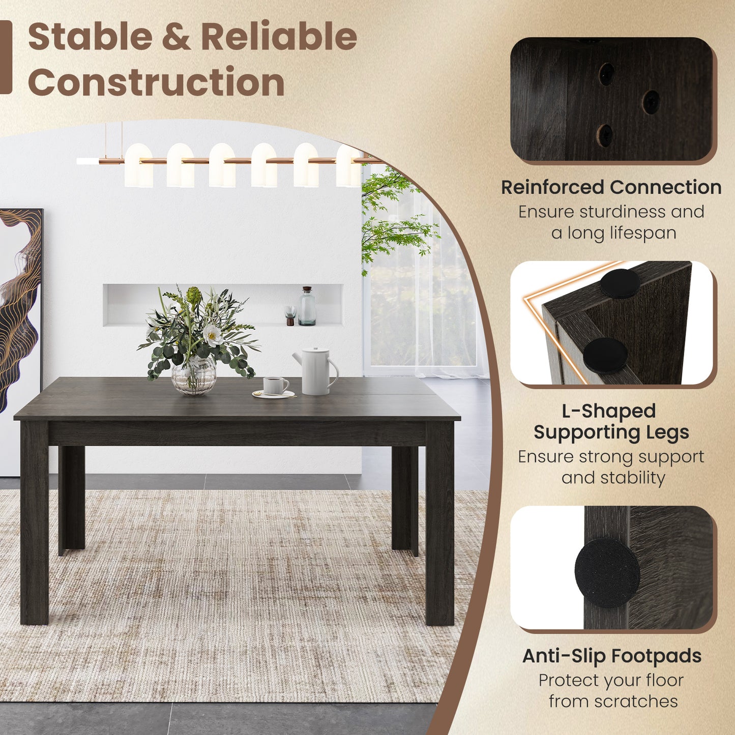 Modern 63 Inch Rectangular Dining Table with Grey Engineered Wood Top