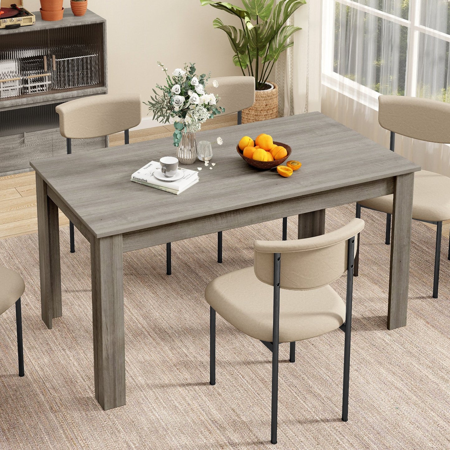 Modern 63 Inch Rectangular Dining Table with Light Grey Engineered Wood Top