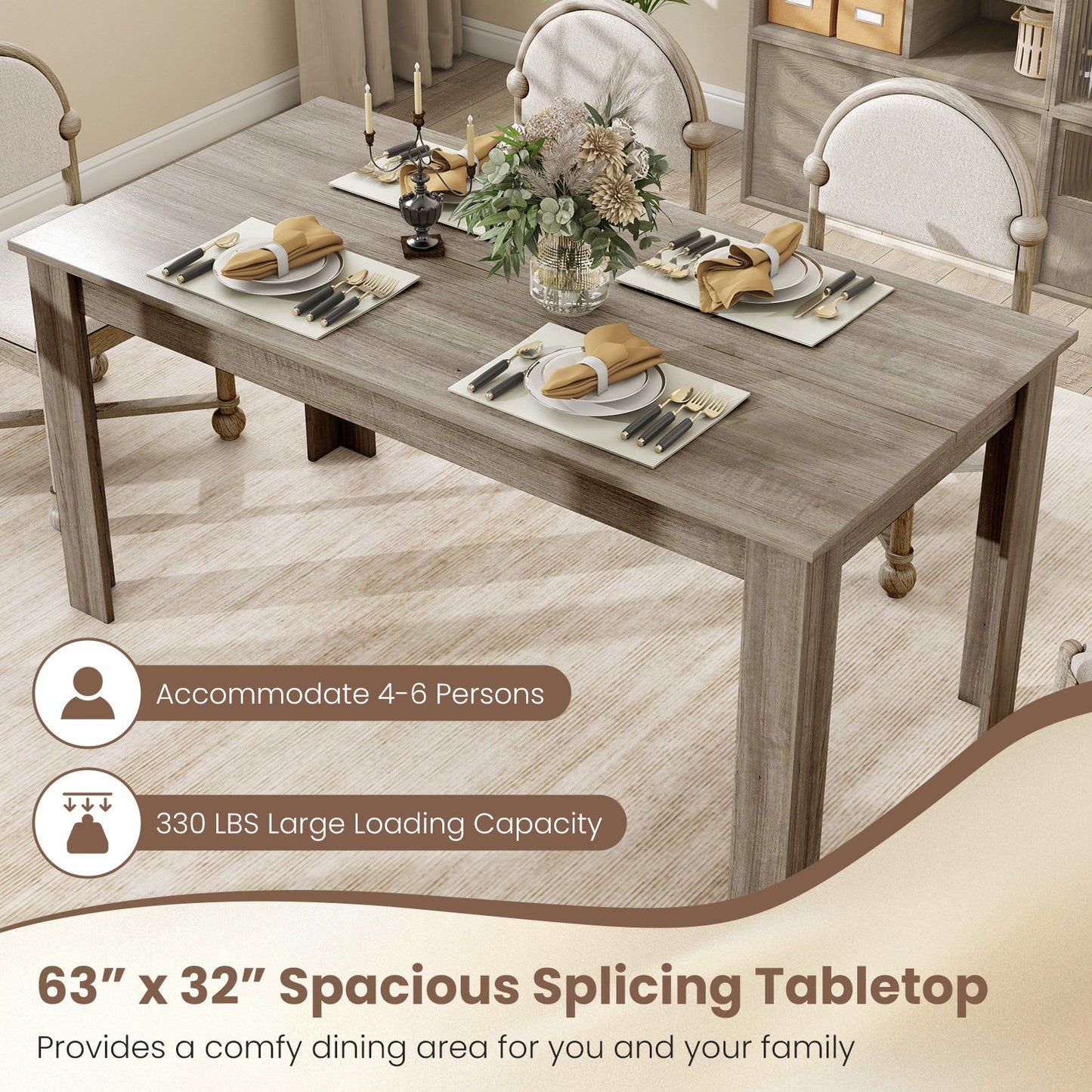 Modern 63 Inch Rectangular Dining Table with Light Grey Engineered Wood Top