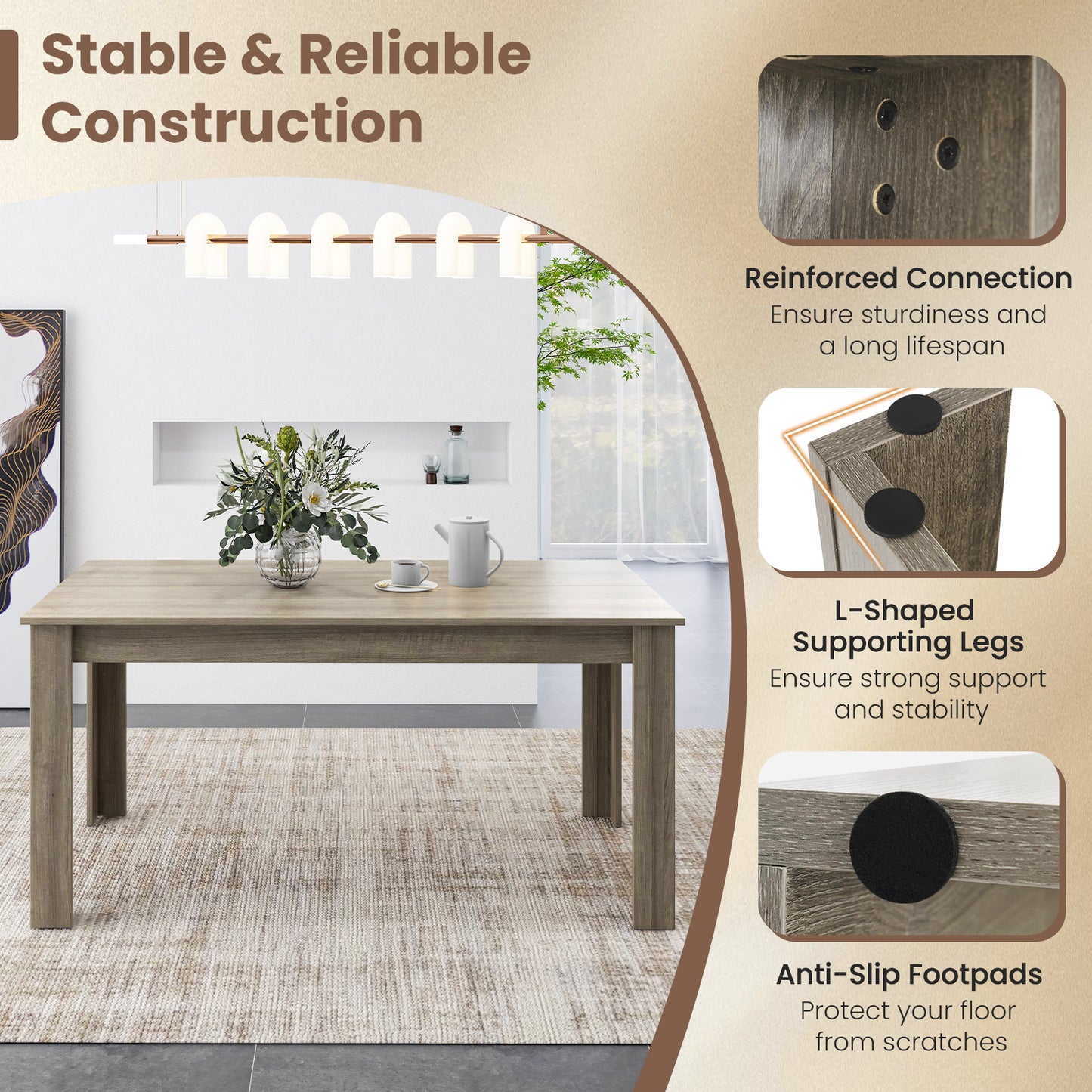 Modern 63 Inch Rectangular Dining Table with Light Grey Engineered Wood Top