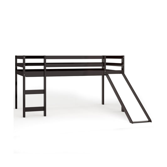 Sturdy Twin Size Wooden Loft Bed with Slide - Dark Brown