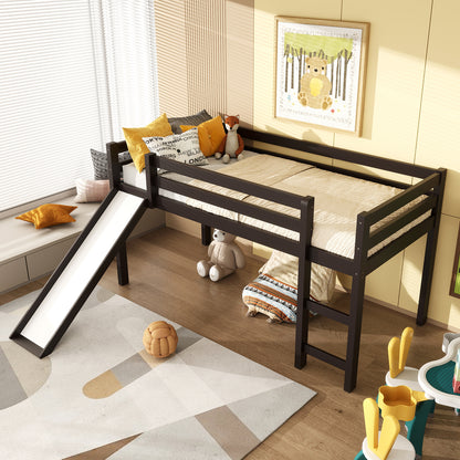 Sturdy Twin Size Wooden Loft Bed with Slide - Dark Brown