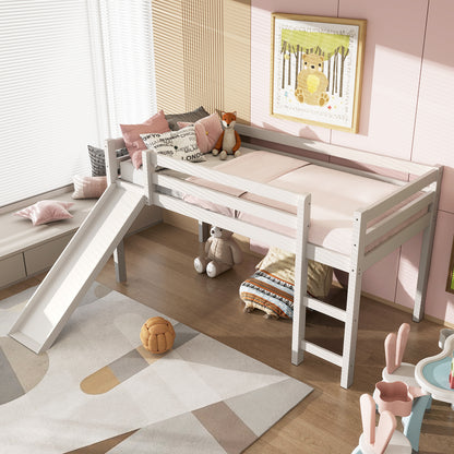 Sturdy Twin Size Wooden Loft Bed with Slide - White