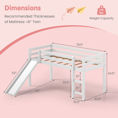 Sturdy Twin Size Wooden Loft Bed with Slide - White