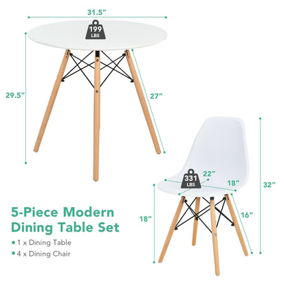 5 Piece Dining Set with Solid Wood Legs in White for Modern Kitchens