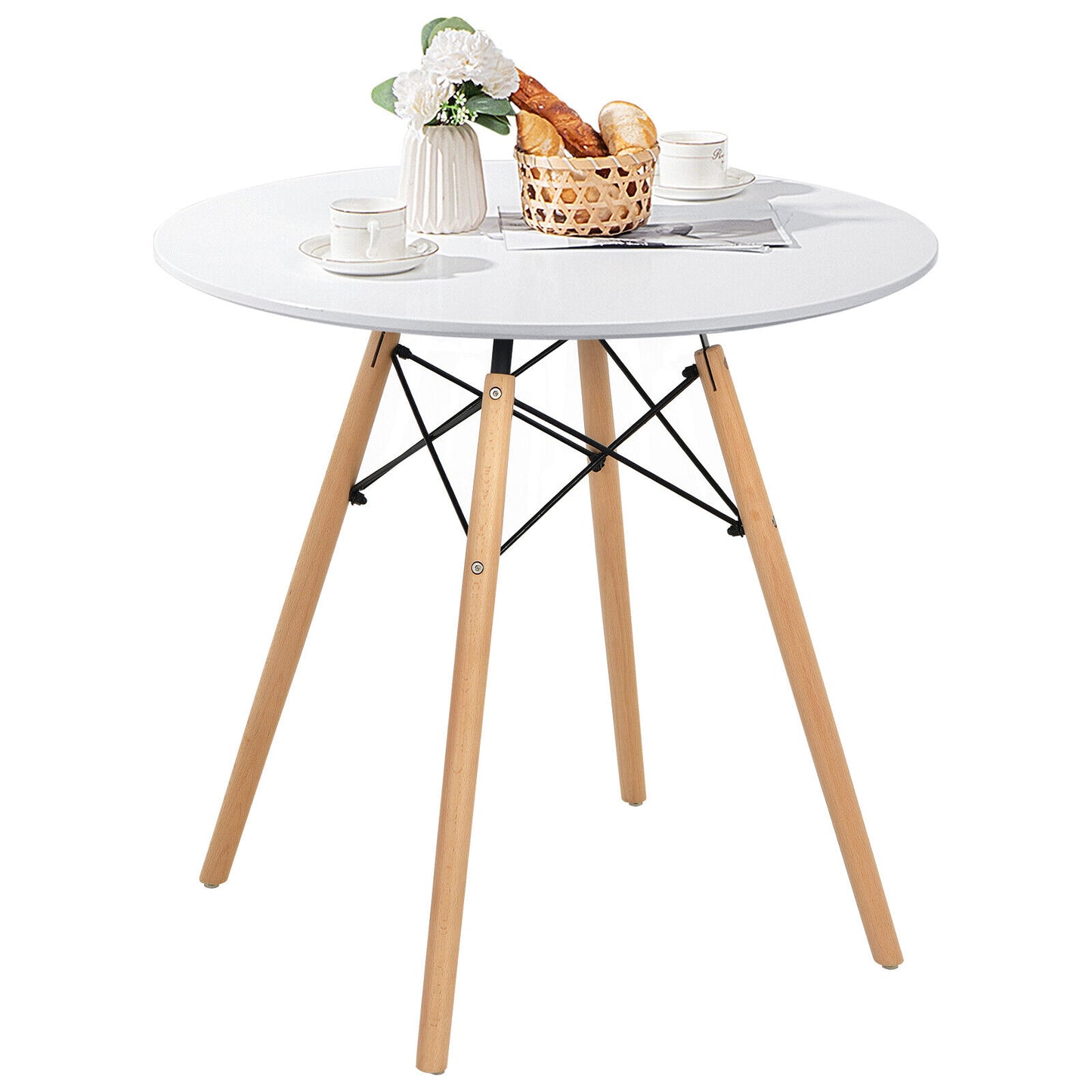 Contemporary White Round Table with Natural Wood Legs for Dining