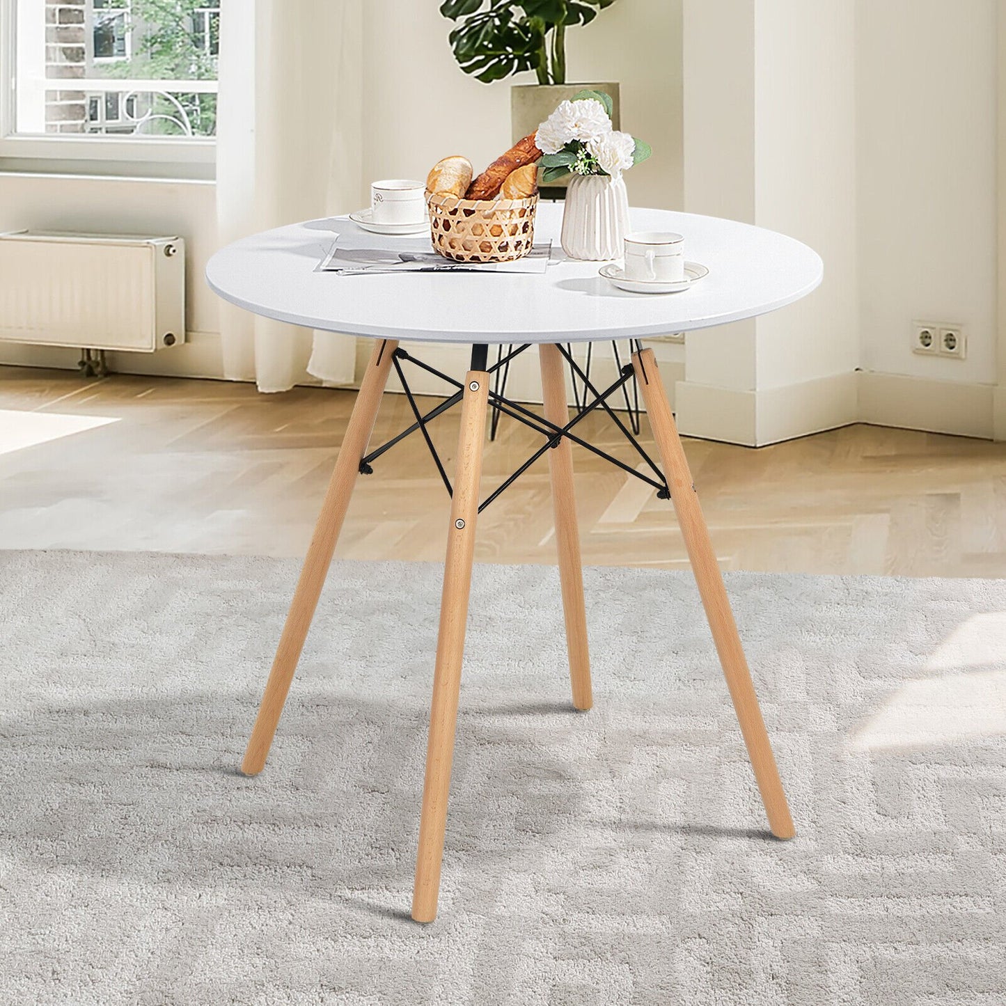 Contemporary White Round Table with Natural Wood Legs for Dining