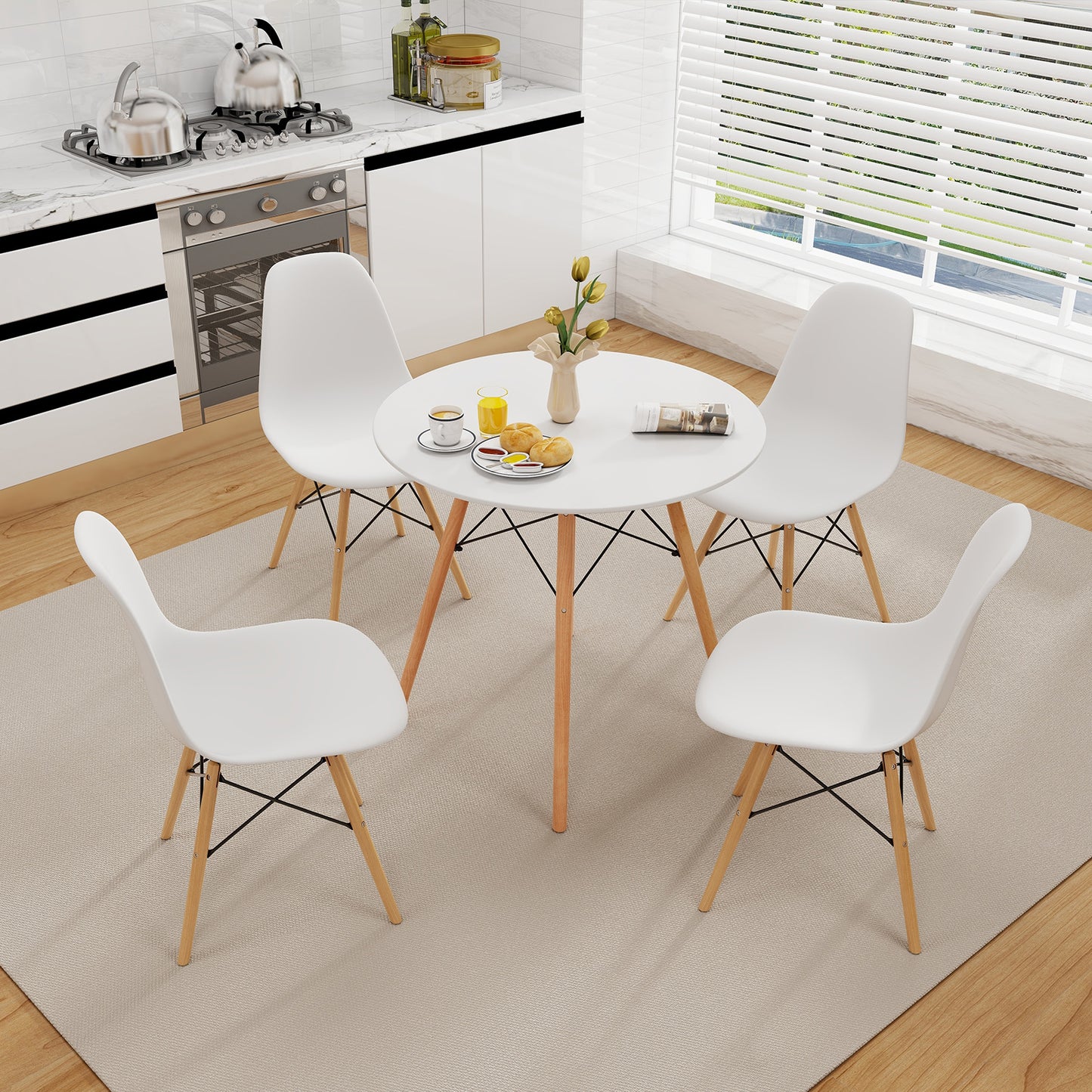 Contemporary White Round Table with Natural Wood Legs for Dining