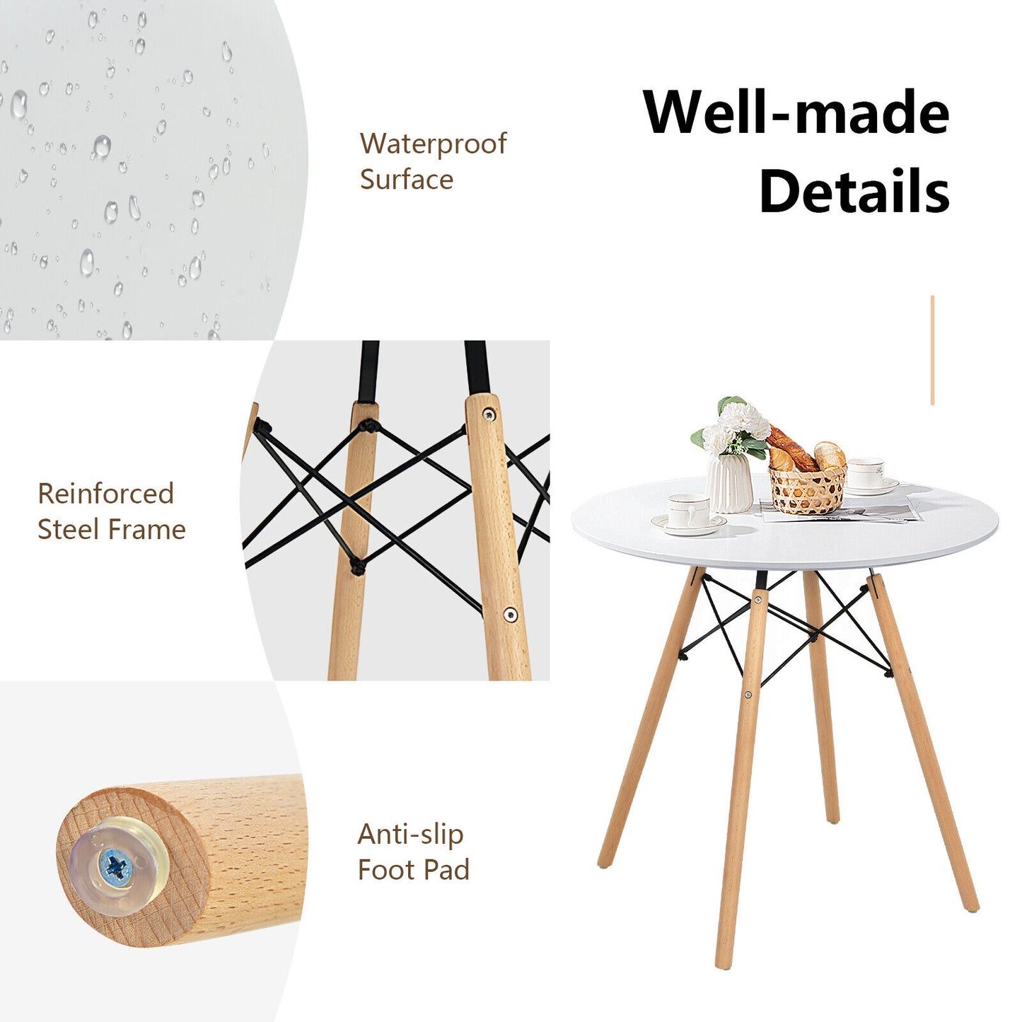 Contemporary White Round Table with Natural Wood Legs for Dining