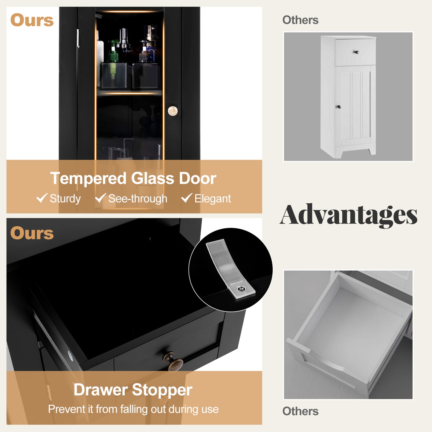 Modern Freestanding Bathroom Cabinet with Glass Door and Adjustable Storage