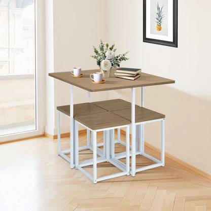 5-Piece Dining Set with Metal Frame Table and 4 Stools Natural Wood Finish