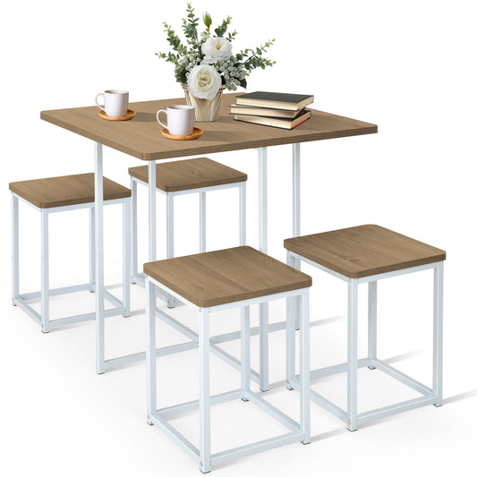 5-Piece Dining Set with Metal Frame Table and 4 Stools Natural Wood Finish