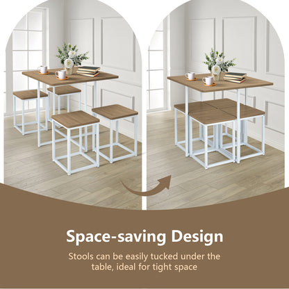 5-Piece Dining Set with Metal Frame Table and 4 Stools Natural Wood Finish
