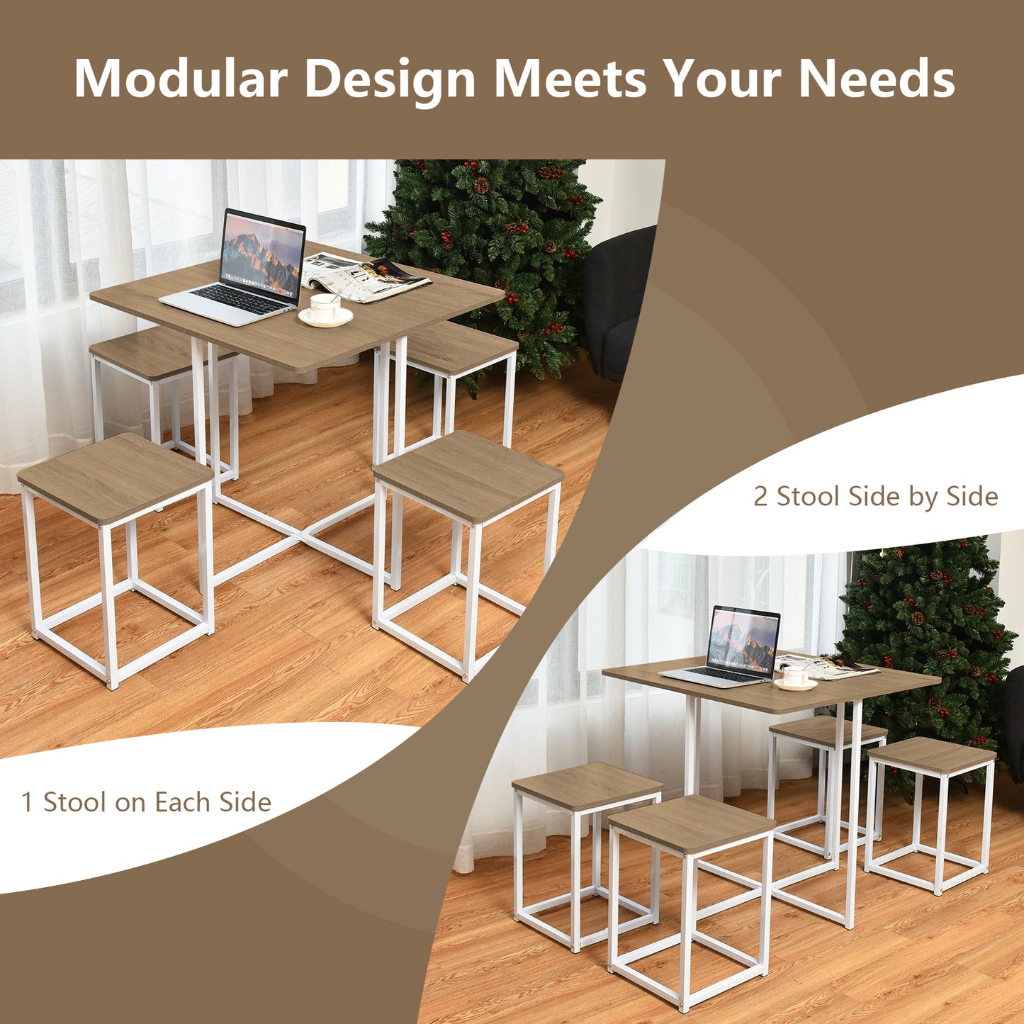5-Piece Dining Set with Metal Frame Table and 4 Stools Natural Wood Finish