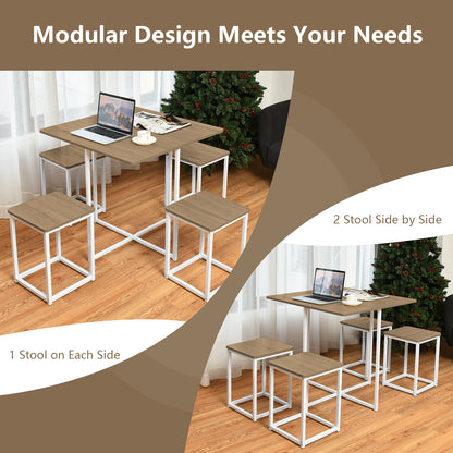 5-Piece Dining Set with Metal Frame Table and 4 Stools Natural Wood Finish