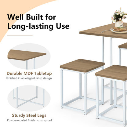 5-Piece Dining Set with Metal Frame Table and 4 Stools Natural Wood Finish