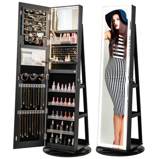 4-in-1 Standing Jewelry Cabinet with Full-Length LED Mirror, Lockable Storage, Rotating Base and Foldable Vanity Shelf – Black