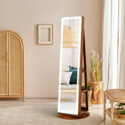 4-in-1 Standing Jewelry Cabinet with Full-Length LED Mirror, Lockable Storage, Rotating Base and Foldable Vanity Shelf – Brown